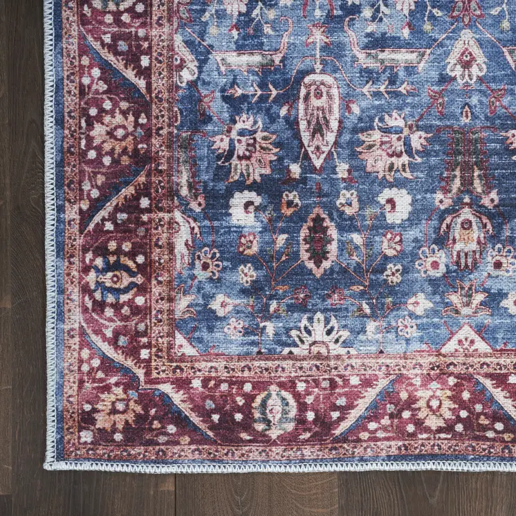 2' X 4' Blue and Red Floral Power Loom Distressed Washable Non Skid Area Rug
