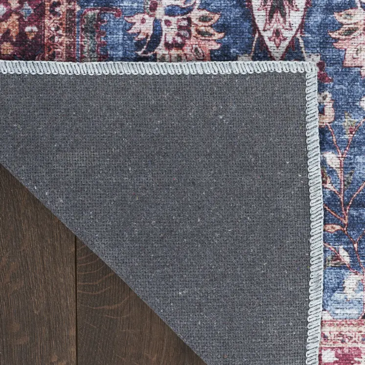 2' X 4' Blue and Red Floral Power Loom Distressed Washable Non Skid Area Rug