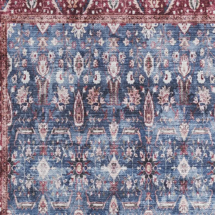 2' X 4' Blue and Red Floral Power Loom Distressed Washable Non Skid Area Rug