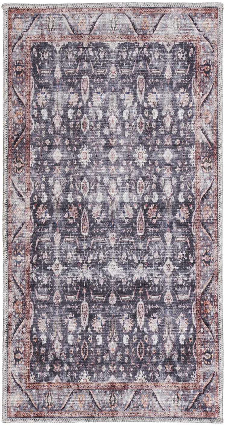 2' X 4' Blue and Ivory Floral Power Loom Distressed Washable Non Skid Area Rug