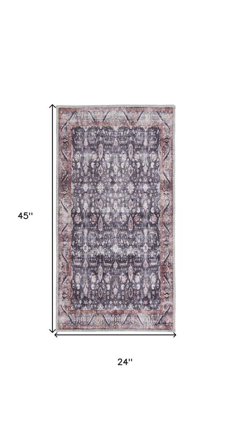 2' X 4' Blue and Ivory Floral Power Loom Distressed Washable Non Skid Area Rug
