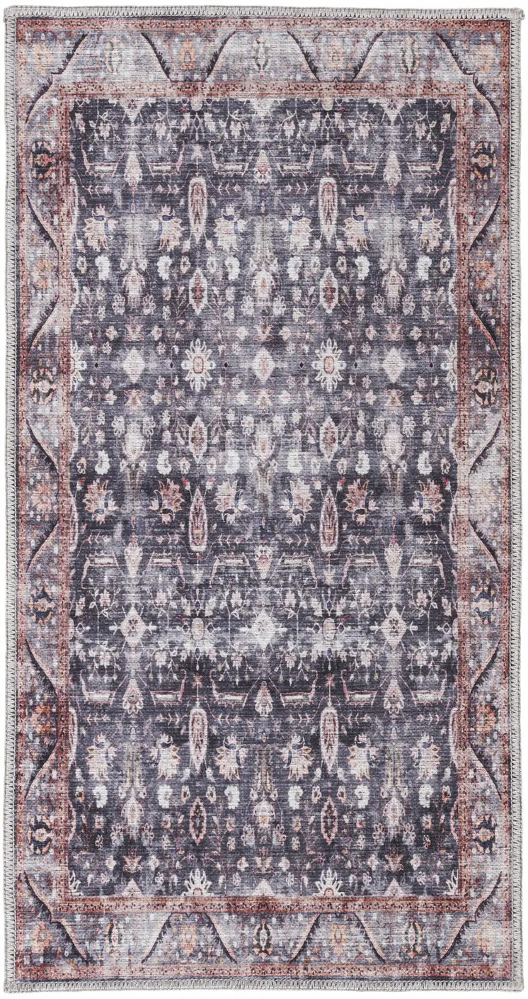 2' X 4' Blue and Ivory Floral Power Loom Distressed Washable Non Skid Area Rug