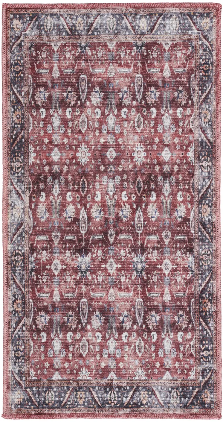 2' X 4' Red and Ivory Floral Power Loom Distressed Washable Non Skid Area Rug