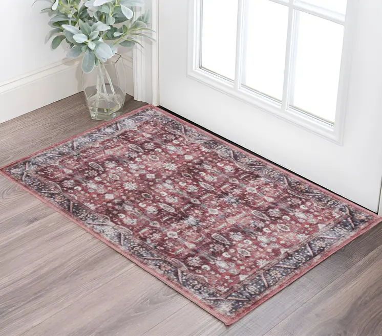 2' X 4' Red and Ivory Floral Power Loom Distressed Washable Non Skid Area Rug