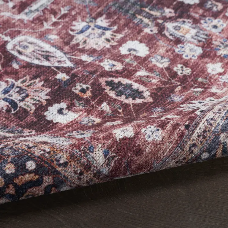 2' X 4' Red and Ivory Floral Power Loom Distressed Washable Non Skid Area Rug