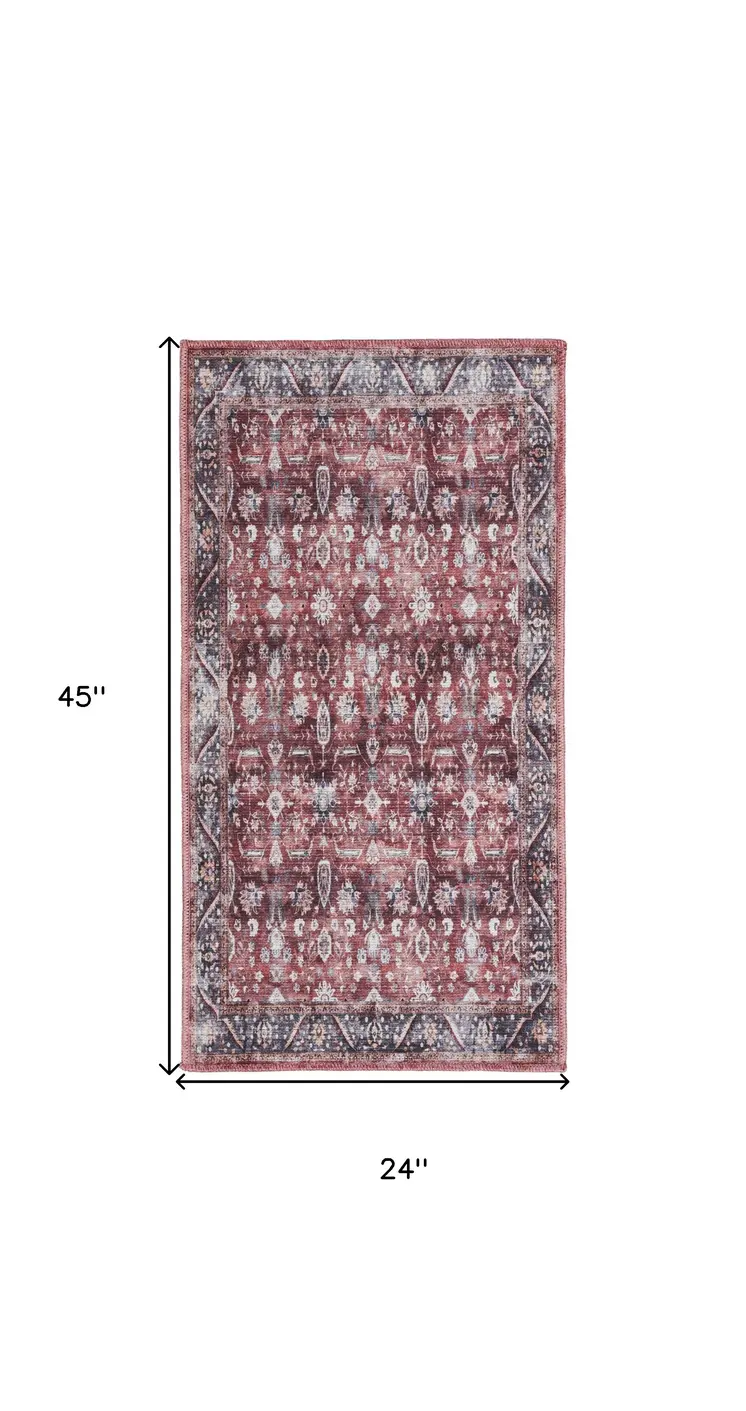 2' X 4' Red and Ivory Floral Power Loom Distressed Washable Non Skid Area Rug