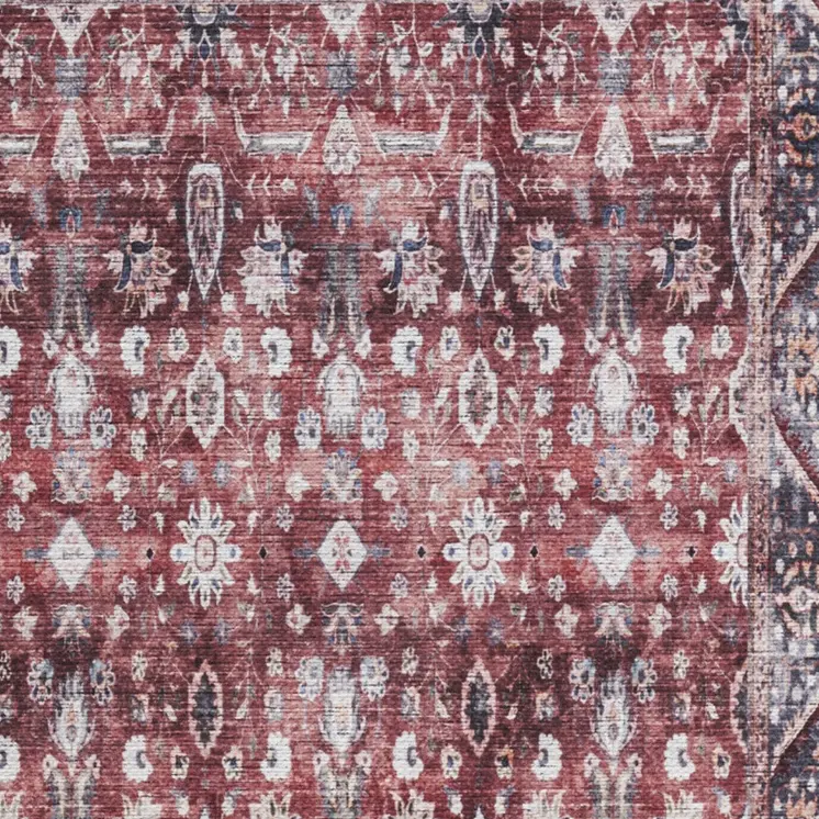2' X 4' Red and Ivory Floral Power Loom Distressed Washable Non Skid Area Rug