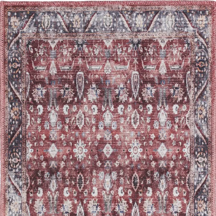 2' X 4' Red and Ivory Floral Power Loom Distressed Washable Non Skid Area Rug