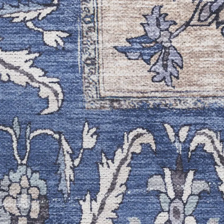 2' X 4' Blue and Ivory Medallion Power Loom Distressed Washable Non Skid Area Rug