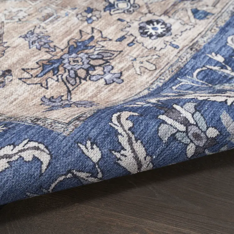 2' X 4' Blue and Ivory Medallion Power Loom Distressed Washable Non Skid Area Rug