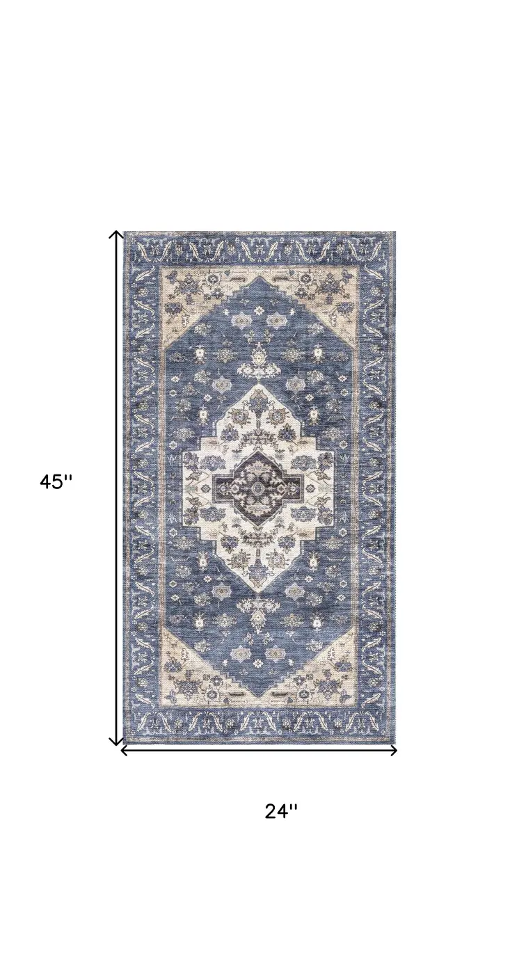 2' X 4' Blue and Ivory Medallion Power Loom Distressed Washable Non Skid Area Rug