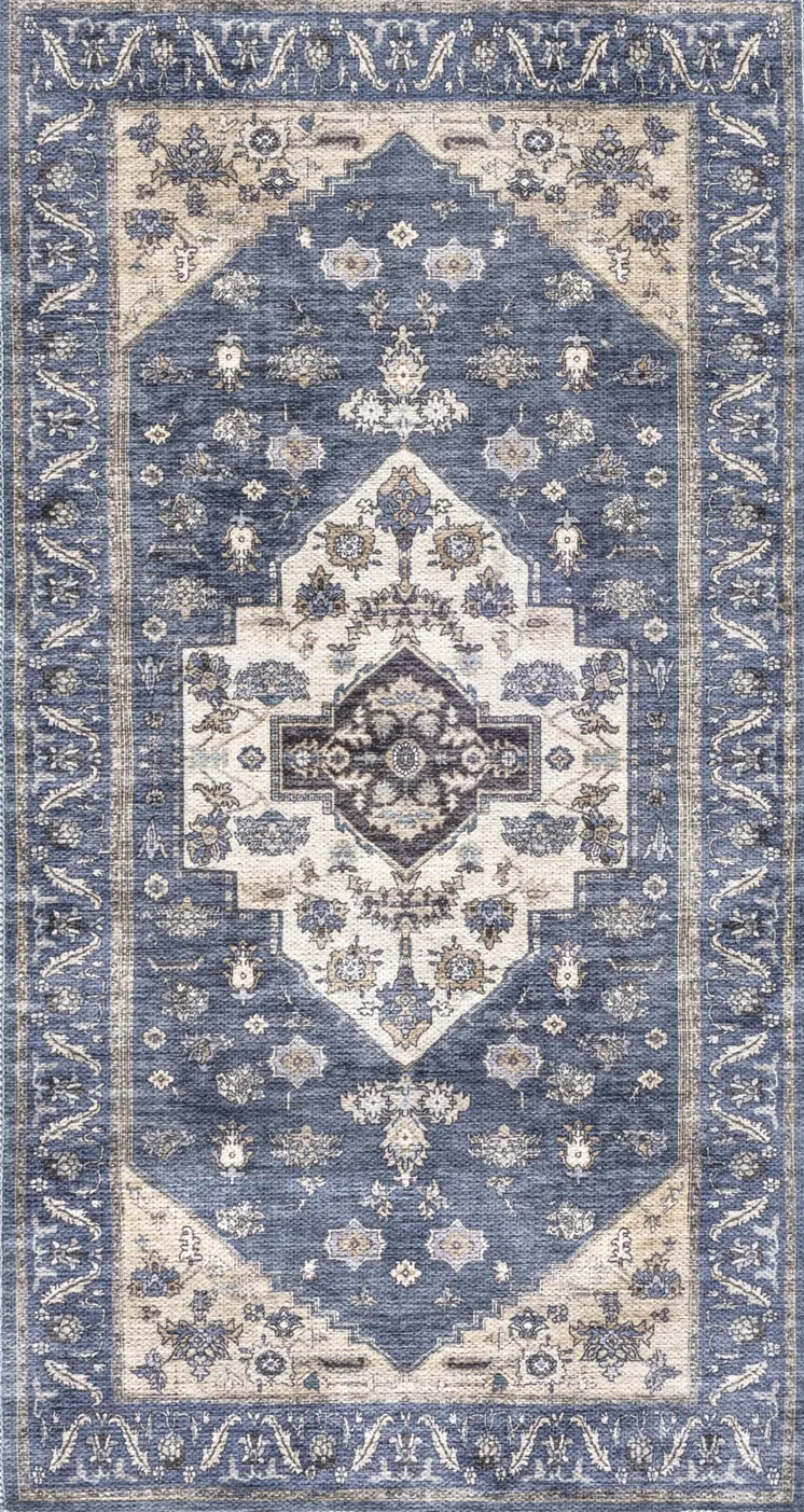 2' X 4' Blue and Ivory Medallion Power Loom Distressed Washable Non Skid Area Rug