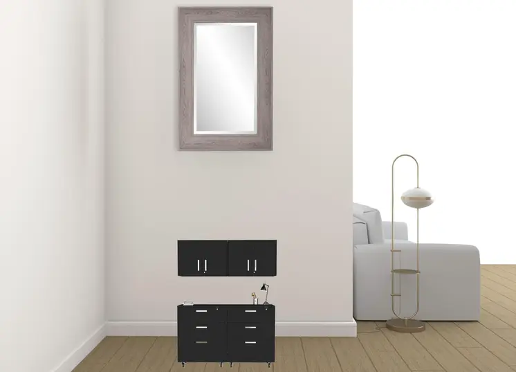 28" Black Wall mounted Accent Cabinet With Four Shelves And Six Drawers