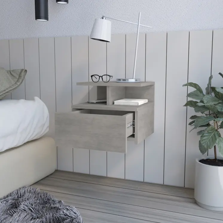 13" Gray Wood One Drawer Floating Nightstand