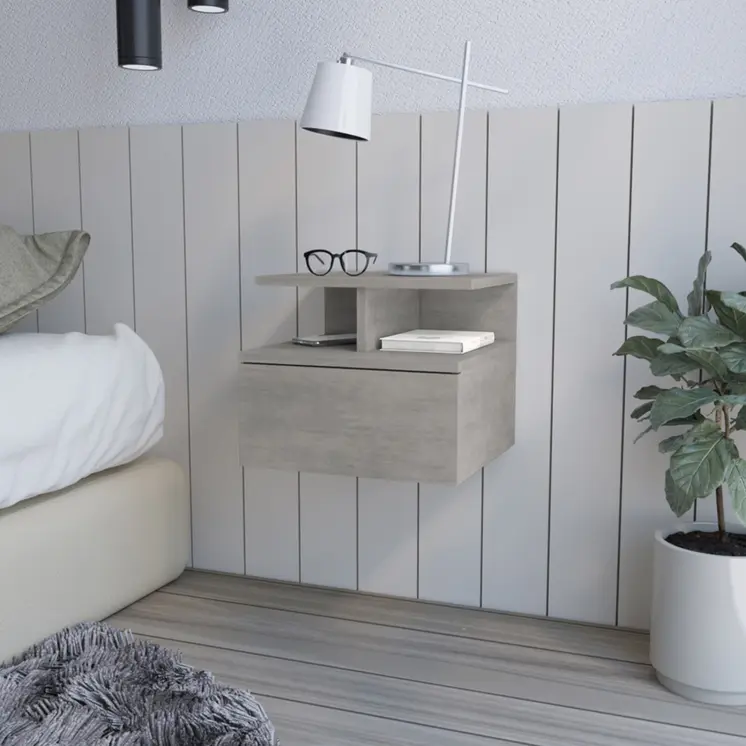13" Gray Wood One Drawer Floating Nightstand