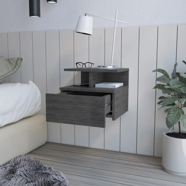 13" Dark Gray Wood One Drawer Floating Nightstand