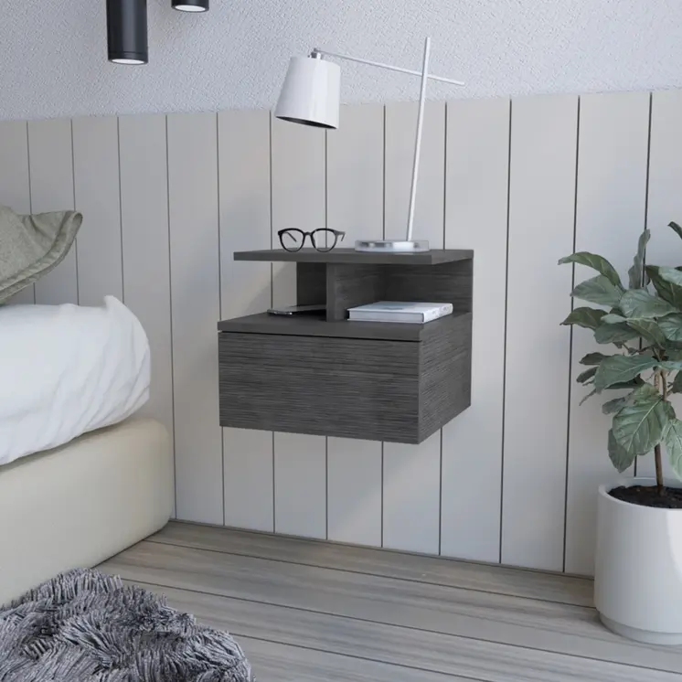 13" Dark Gray Wood One Drawer Floating Nightstand