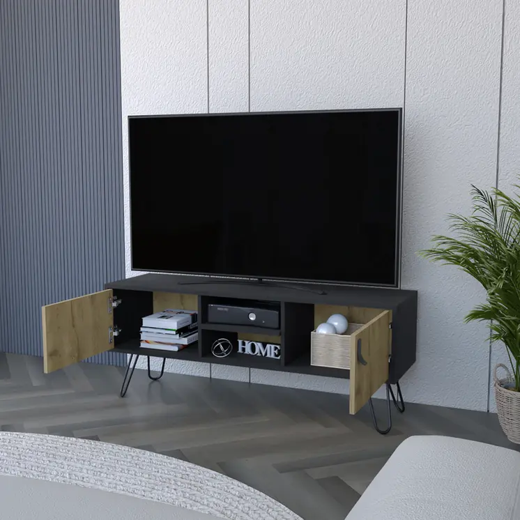 48" Beige and Black Cabinet Open And Enclosed Storage TV Stand