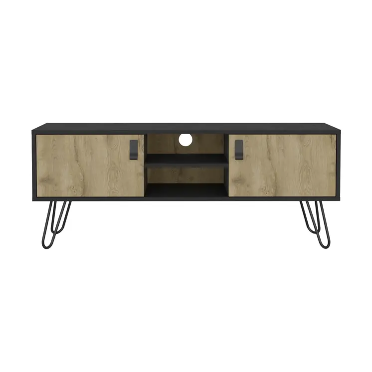 48" Beige and Black Cabinet Open And Enclosed Storage TV Stand