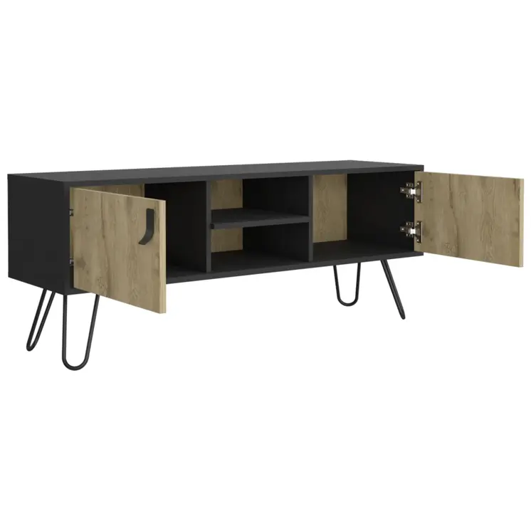 48" Beige and Black Cabinet Open And Enclosed Storage TV Stand