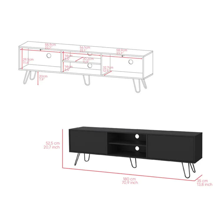 71" Black Wood Enclosed And Open Storage TV Stand
