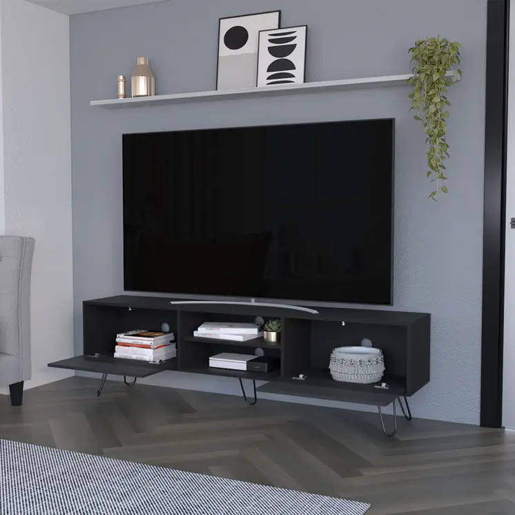 71" Black Wood Enclosed And Open Storage TV Stand