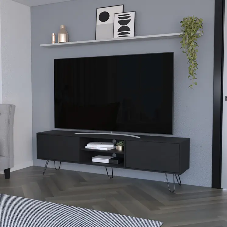 71" Black Wood Enclosed And Open Storage TV Stand