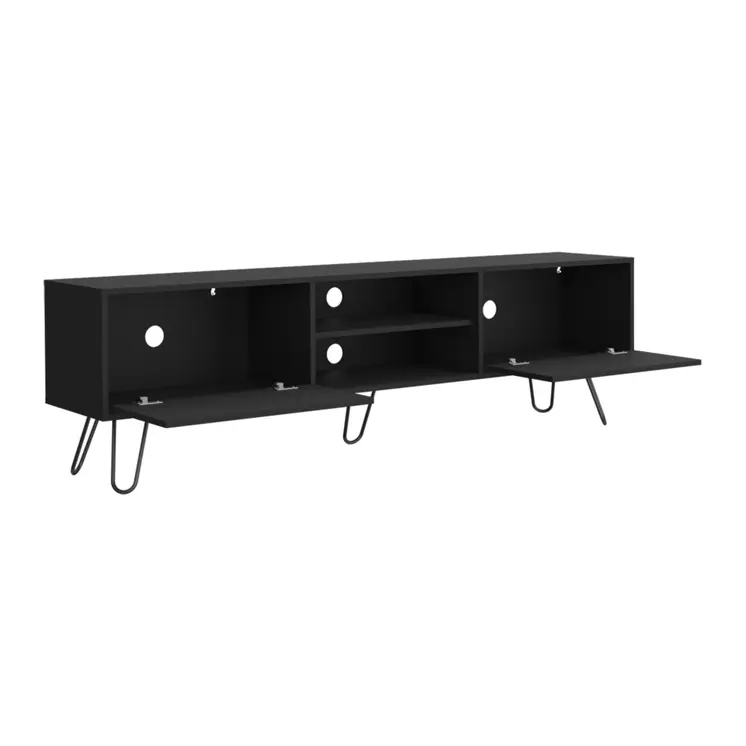 71" Black Wood Enclosed And Open Storage TV Stand