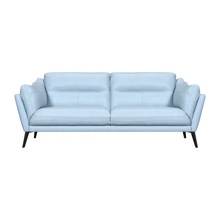 87" Sky Blue Leather Sofa With Black Legs