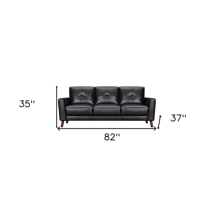 82" Black Leather Sofa With Brown Legs