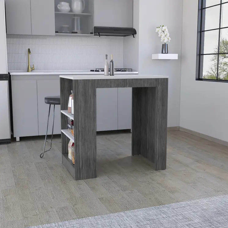 36" White and Gray Marble and Wood Kitchen Island With Storage