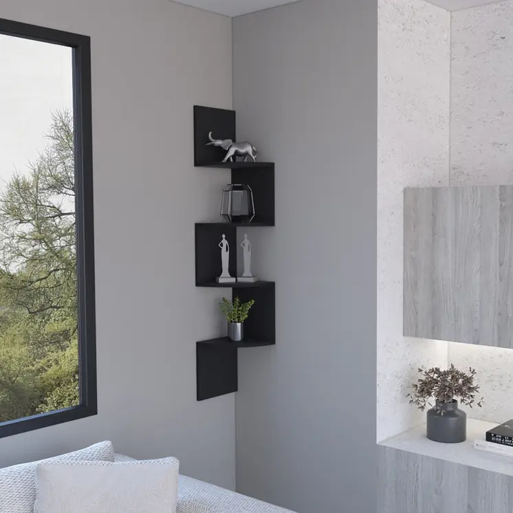 10" Black Wood Wall Mounted Corner Shelf