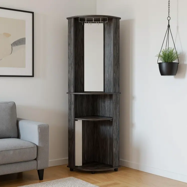 75" Smoky Black Wood Corner Bar Cabinet With Two Doors
