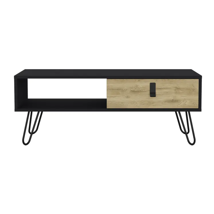 41" Black and Oak Wood and Metal Coffee Table With Drawer And Shelf