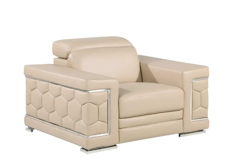 47" Beige and Silver Genuine Leather Club Chair
