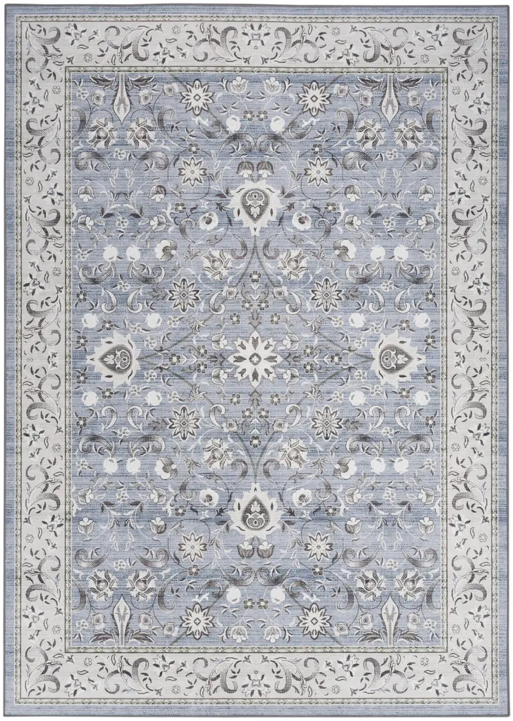 4' X 6' Beige and Blue Floral Distressed Non Skid Area Rug