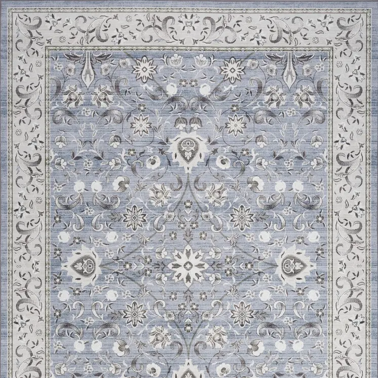 4' X 6' Beige and Blue Floral Distressed Non Skid Area Rug