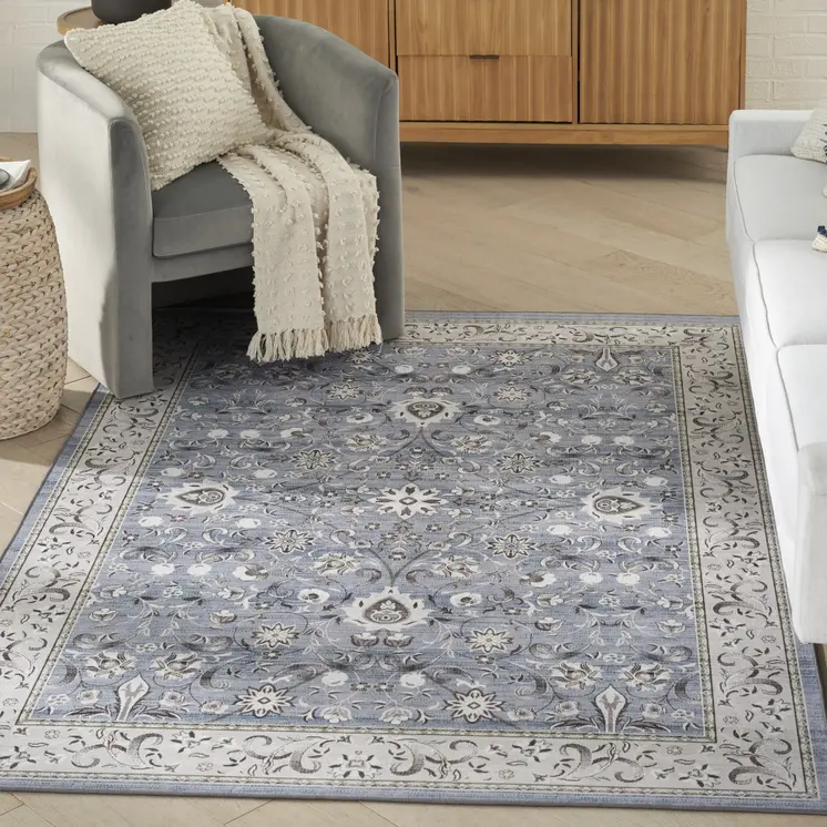 4' X 6' Beige and Blue Floral Distressed Non Skid Area Rug