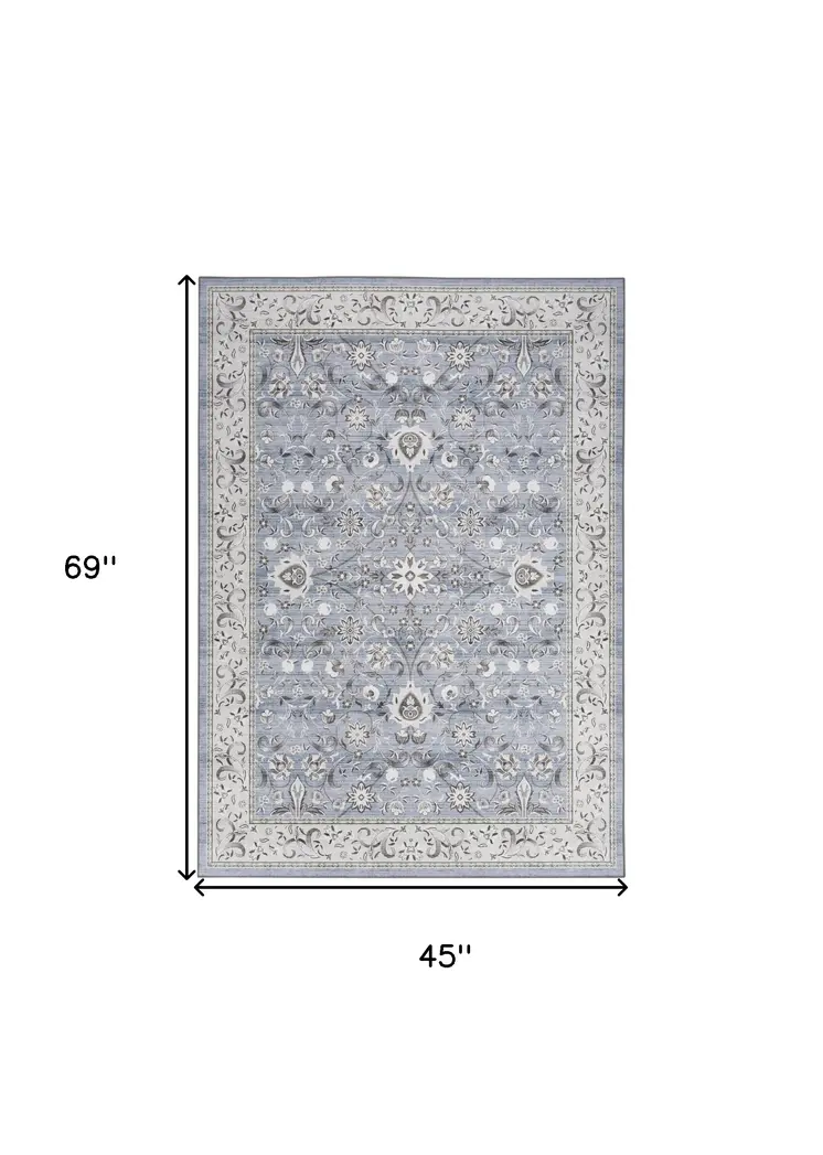 4' X 6' Beige and Blue Floral Distressed Non Skid Area Rug