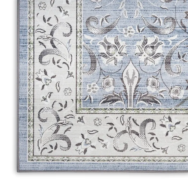 4' X 6' Beige and Blue Floral Distressed Non Skid Area Rug
