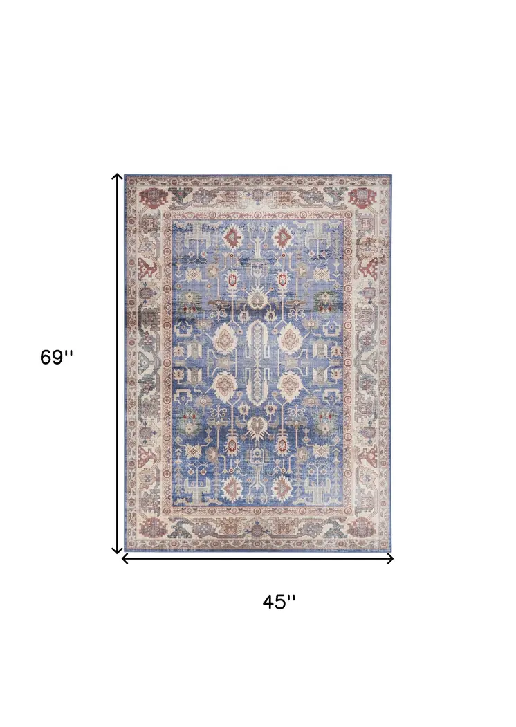 4' X 6' Beige Blue and Red Oriental Distressed Non Skid Area Rug