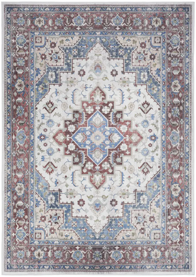 4' X 6' Ivory Red and Blue Medallion Distressed Non Skid Area Rug