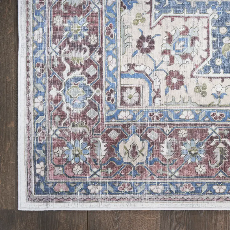 4' X 6' Ivory Red and Blue Medallion Distressed Non Skid Area Rug