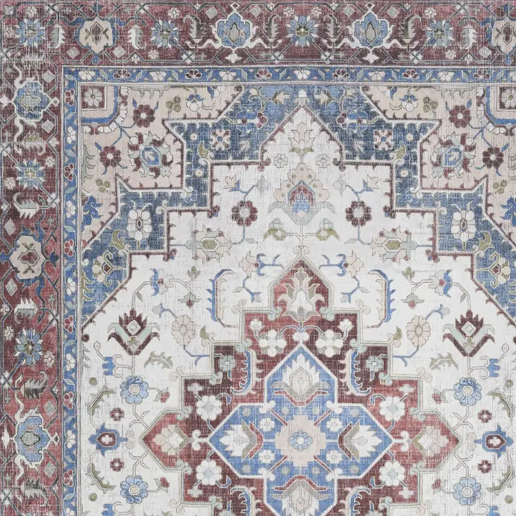 4' X 6' Ivory Red and Blue Medallion Distressed Non Skid Area Rug