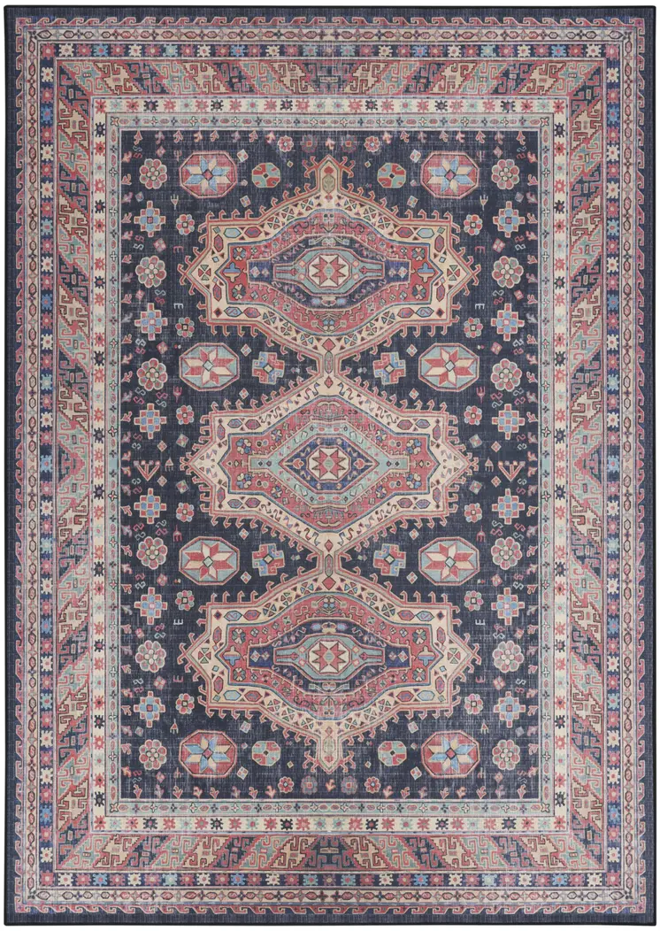 4' X 6' Navy Blue and Red Medallion Distressed Non Skid Area Rug