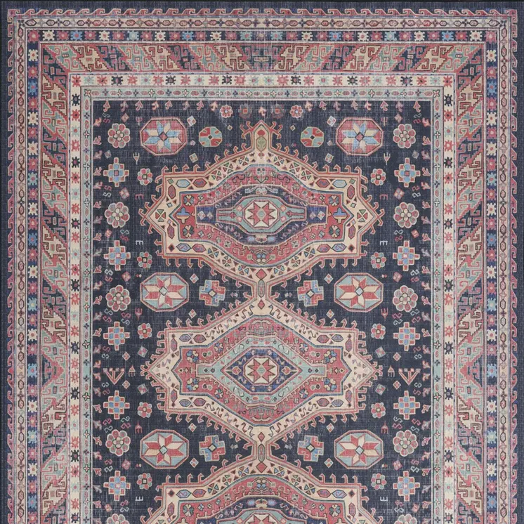 4' X 6' Navy Blue and Red Medallion Distressed Non Skid Area Rug