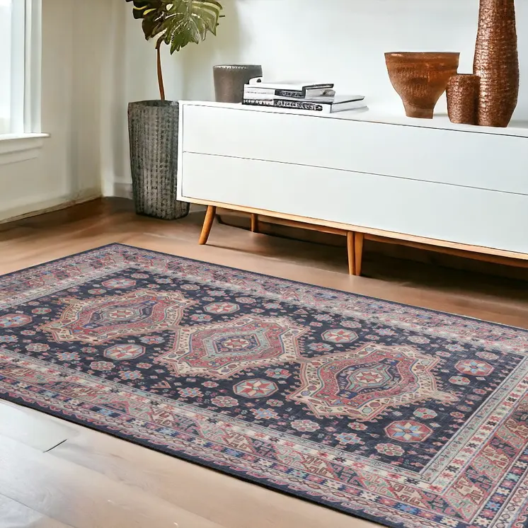 4' X 6' Navy Blue and Red Medallion Distressed Non Skid Area Rug
