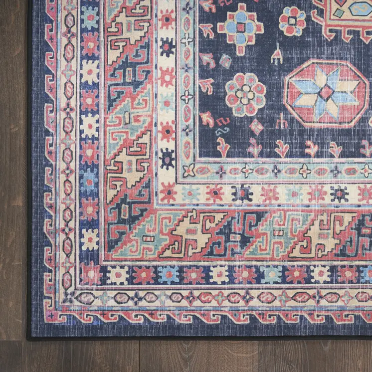 4' X 6' Navy Blue and Red Medallion Distressed Non Skid Area Rug