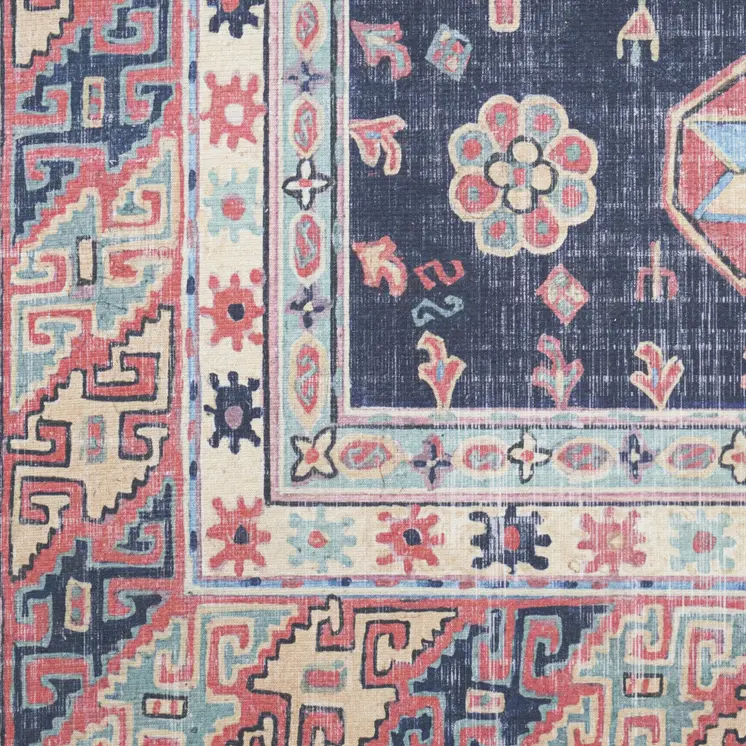 4' X 6' Navy Blue and Red Medallion Distressed Non Skid Area Rug