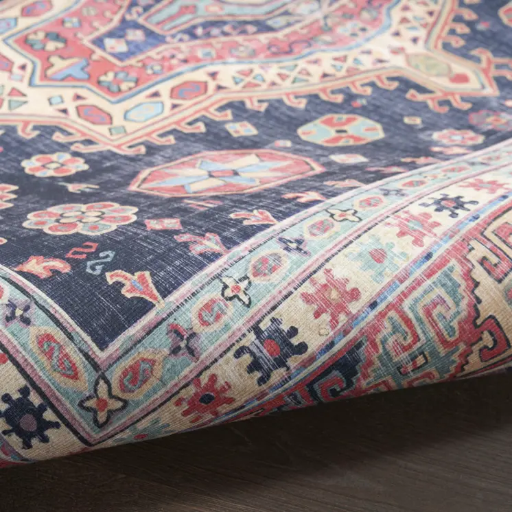 4' X 6' Navy Blue and Red Medallion Distressed Non Skid Area Rug